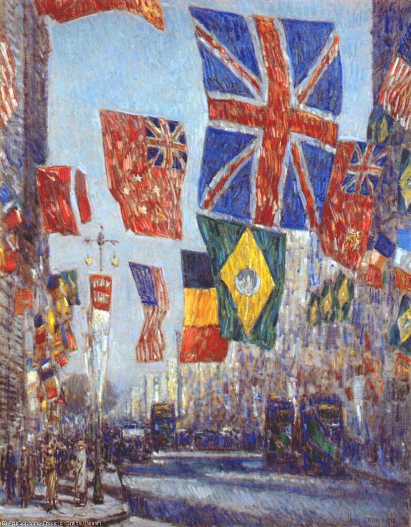 Wikioo.org - The Encyclopedia of Fine Arts - Painting, Artwork by Frederick Childe Hassam - avenue of the allies (flags of uk and dominions, brazil and belgium behind) -