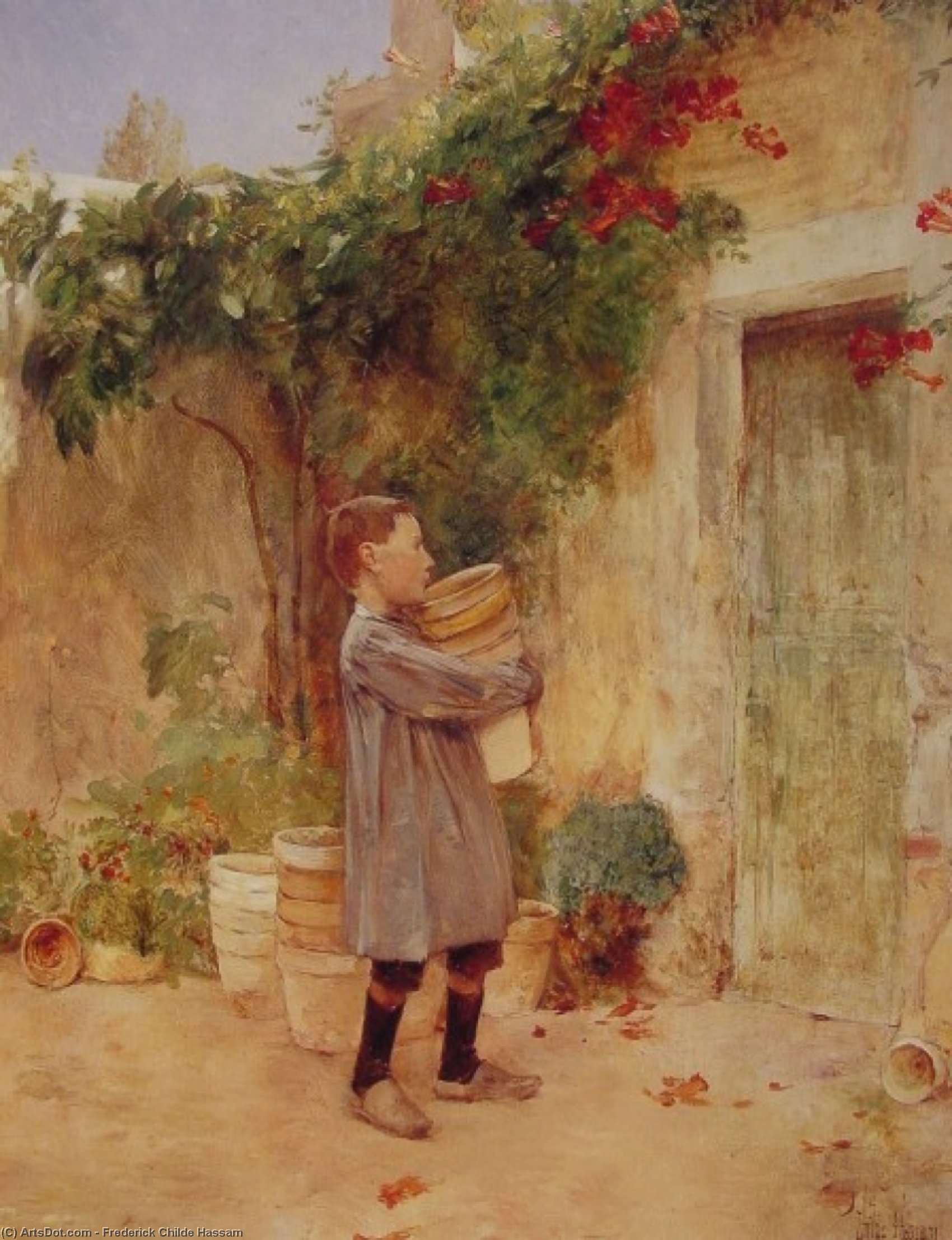 Wikioo.org - Die Enzyklopädie bildender Kunst - Malerei, Kunstwerk von Frederick Childe Hassam - Junge mit Blumentöpfe