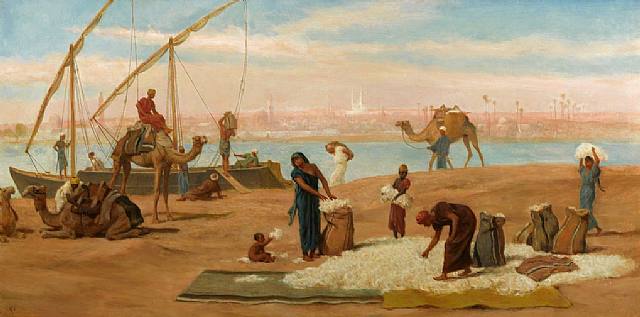 Wikioo.org - The Encyclopedia of Fine Arts - Painting, Artwork by Frederick Goodall - Unloading Cotton on the Nile