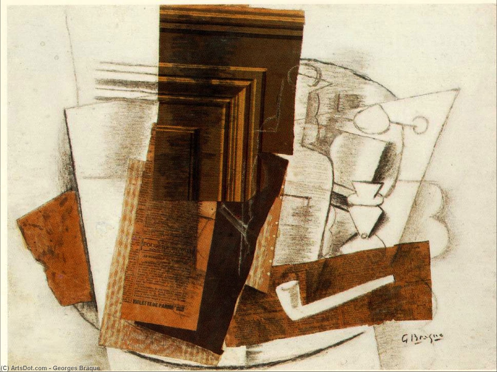 WikiOO.org - Enciklopedija dailės - Tapyba, meno kuriniai Georges Braque - Bottle, Newspaper, Pipe, and Glass