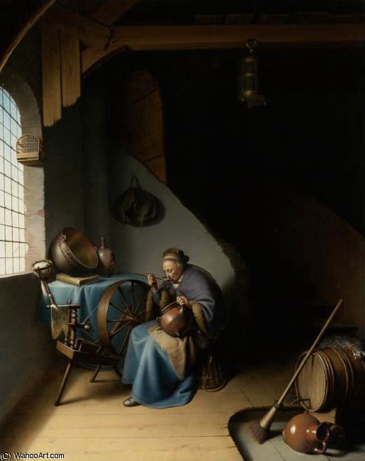 Wikioo.org - The Encyclopedia of Fine Arts - Painting, Artwork by Gerrit (Gérard) Dou - An Elderly Woman Seated by a Window at her Spinning Wheel Eating Porridge