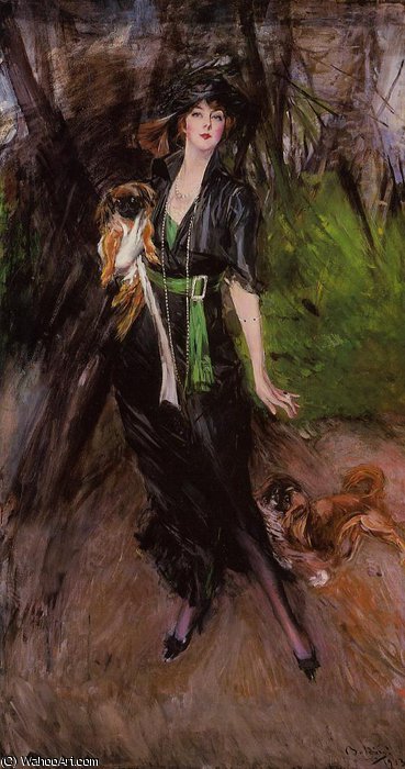 Wikioo.org - The Encyclopedia of Fine Arts - Painting, Artwork by Giovanni Boldini - Portrait of a Lady Lina Bilitis with Two Pekinese