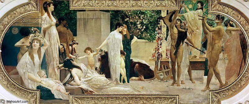 Wikoo.org - موسوعة الفنون الجميلة - اللوحة، العمل الفني Gustav Klimt - Wandering the Greek Theatre (fresco)