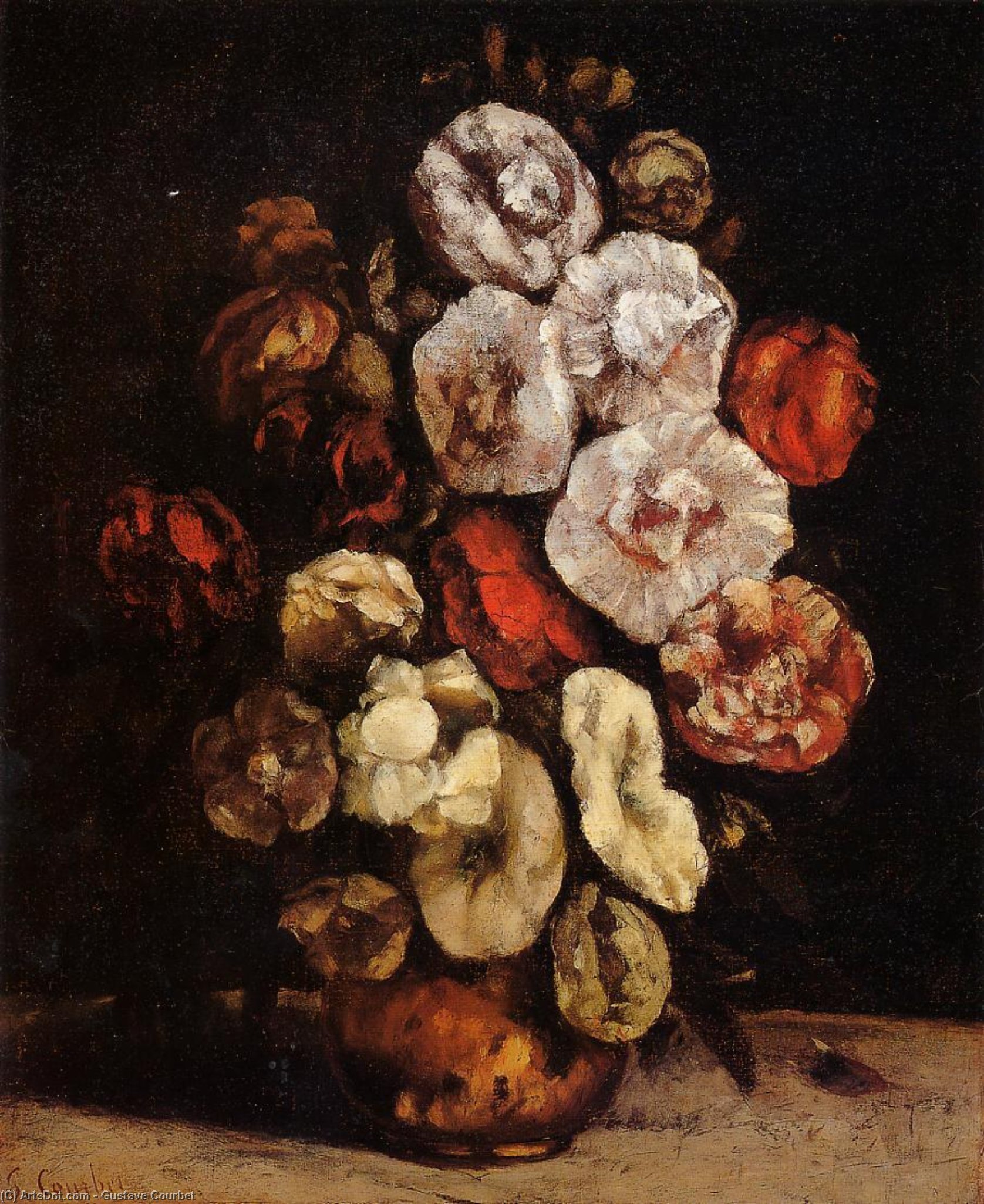 Wikioo.org - The Encyclopedia of Fine Arts - Painting, Artwork by Gustave Courbet - hollyhocks in a copper bowl