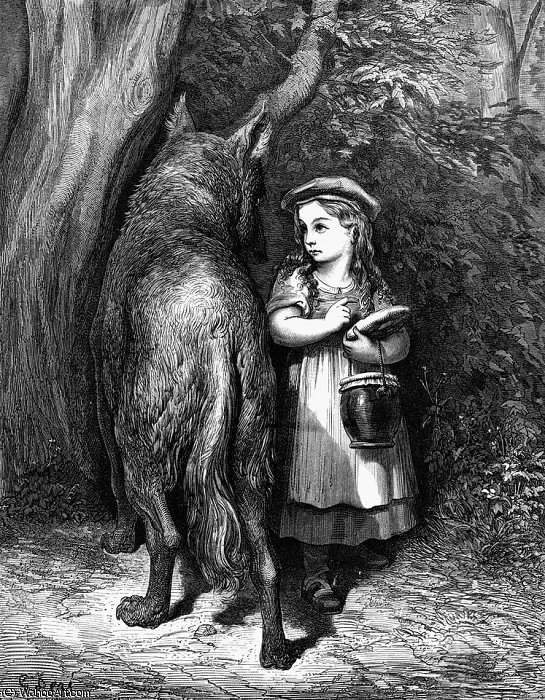 WikiOO.org - Encyclopedia of Fine Arts - Lukisan, Artwork Paul Gustave Doré - Gd 0001 Red Riding Hood meets old Father Wolf GustaveDore sqs