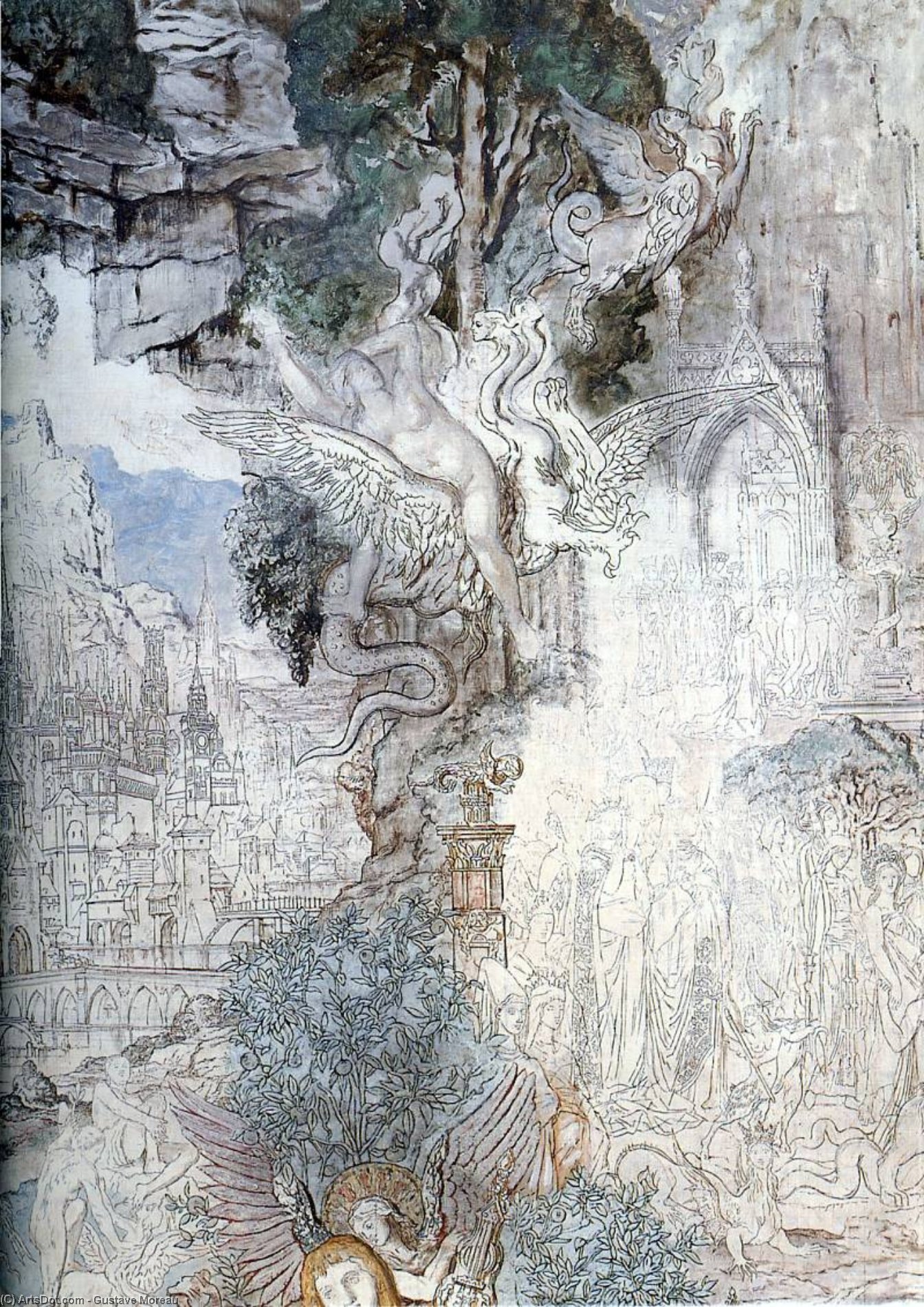 Wikoo.org - موسوعة الفنون الجميلة - اللوحة، العمل الفني Gustave Moreau - the chimeras (detail)