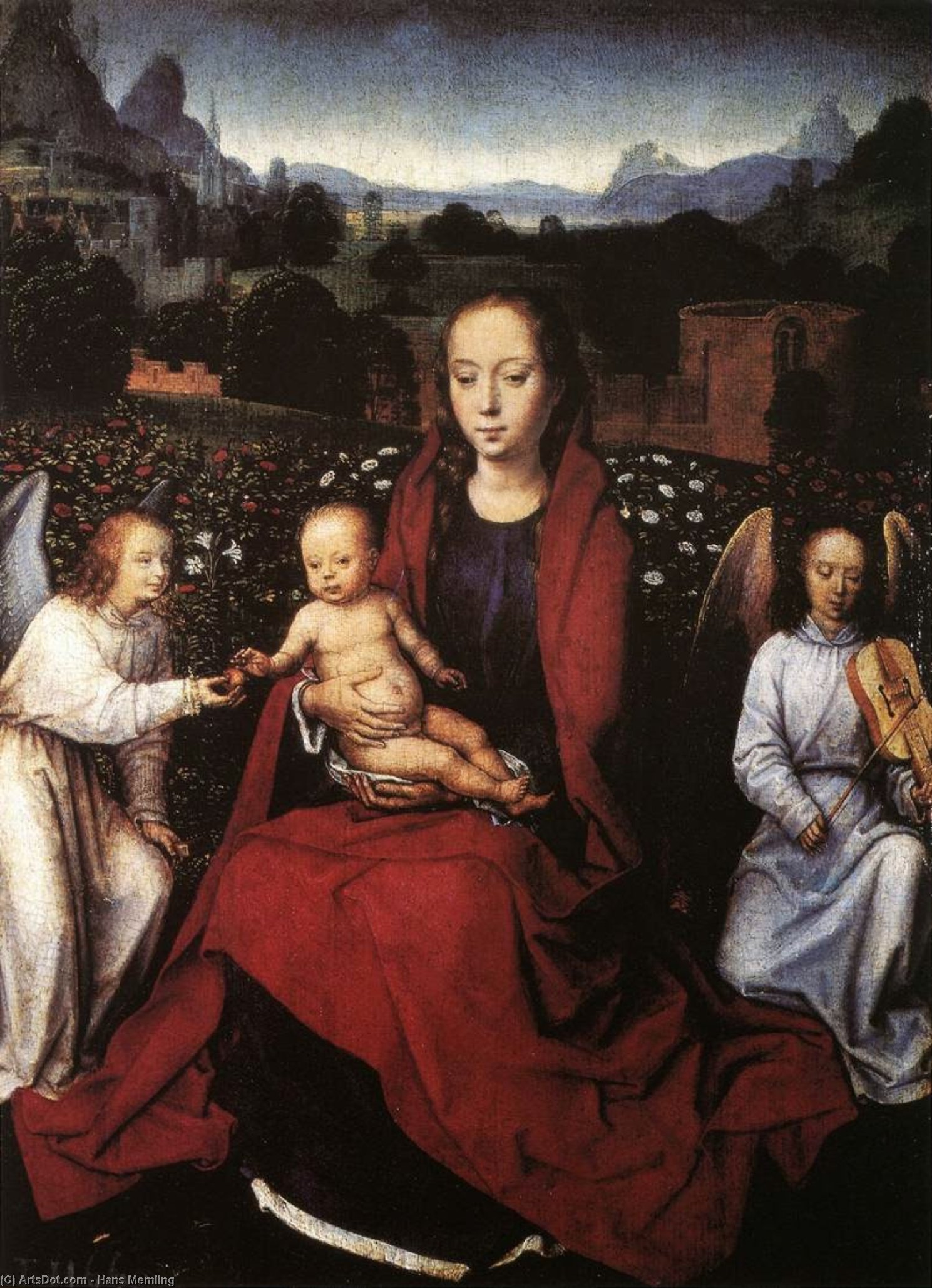Wikioo.org - The Encyclopedia of Fine Arts - Painting, Artwork by Hans Memling - Virgin and Child in a Rose Garden with Two Angels