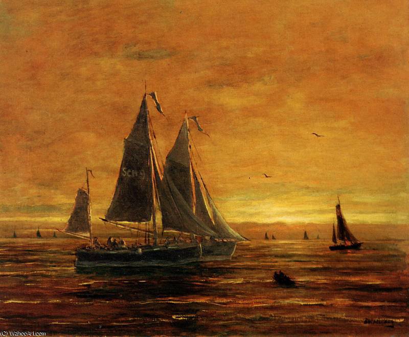 Wikioo.org - The Encyclopedia of Fine Arts - Painting, Artwork by Hendrik Willem Mesdag - boats at dusk sun