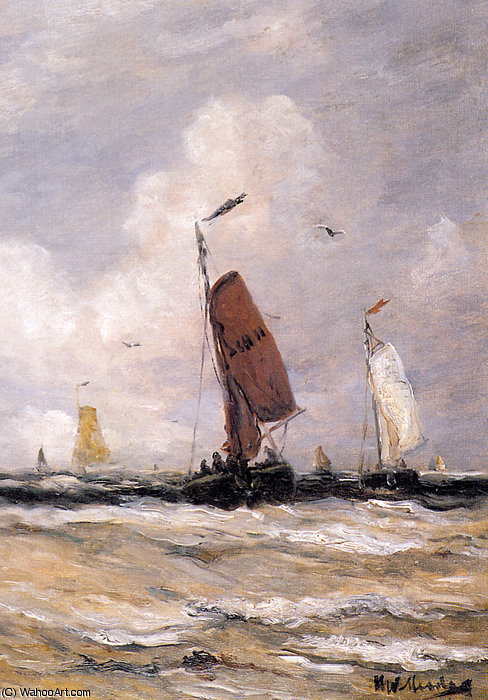 Wikioo.org - The Encyclopedia of Fine Arts - Painting, Artwork by Hendrik Willem Mesdag - Sea with fishingboats Sun