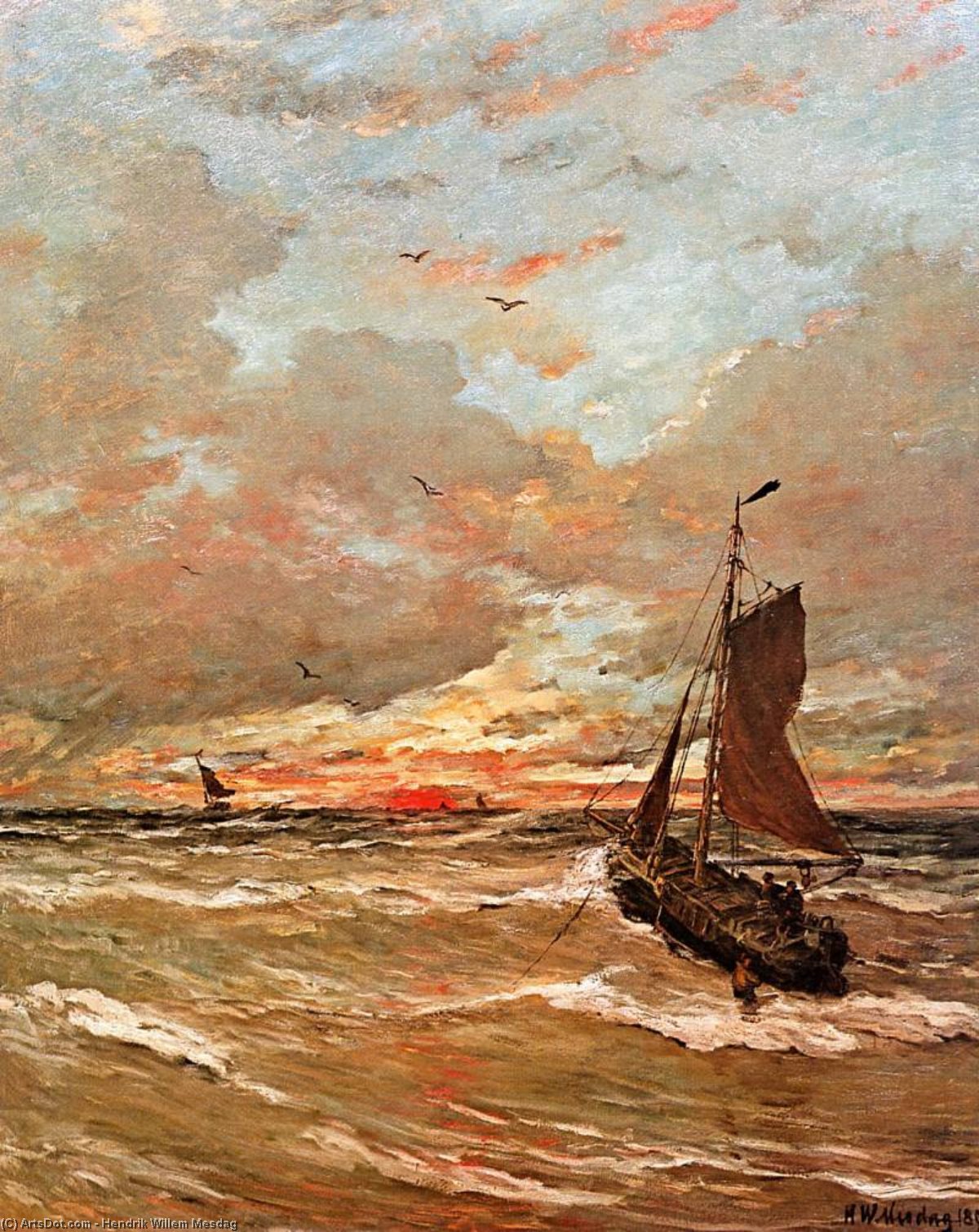 Wikioo.org - The Encyclopedia of Fine Arts - Painting, Artwork by Hendrik Willem Mesdag - sunset in stormy weather sun