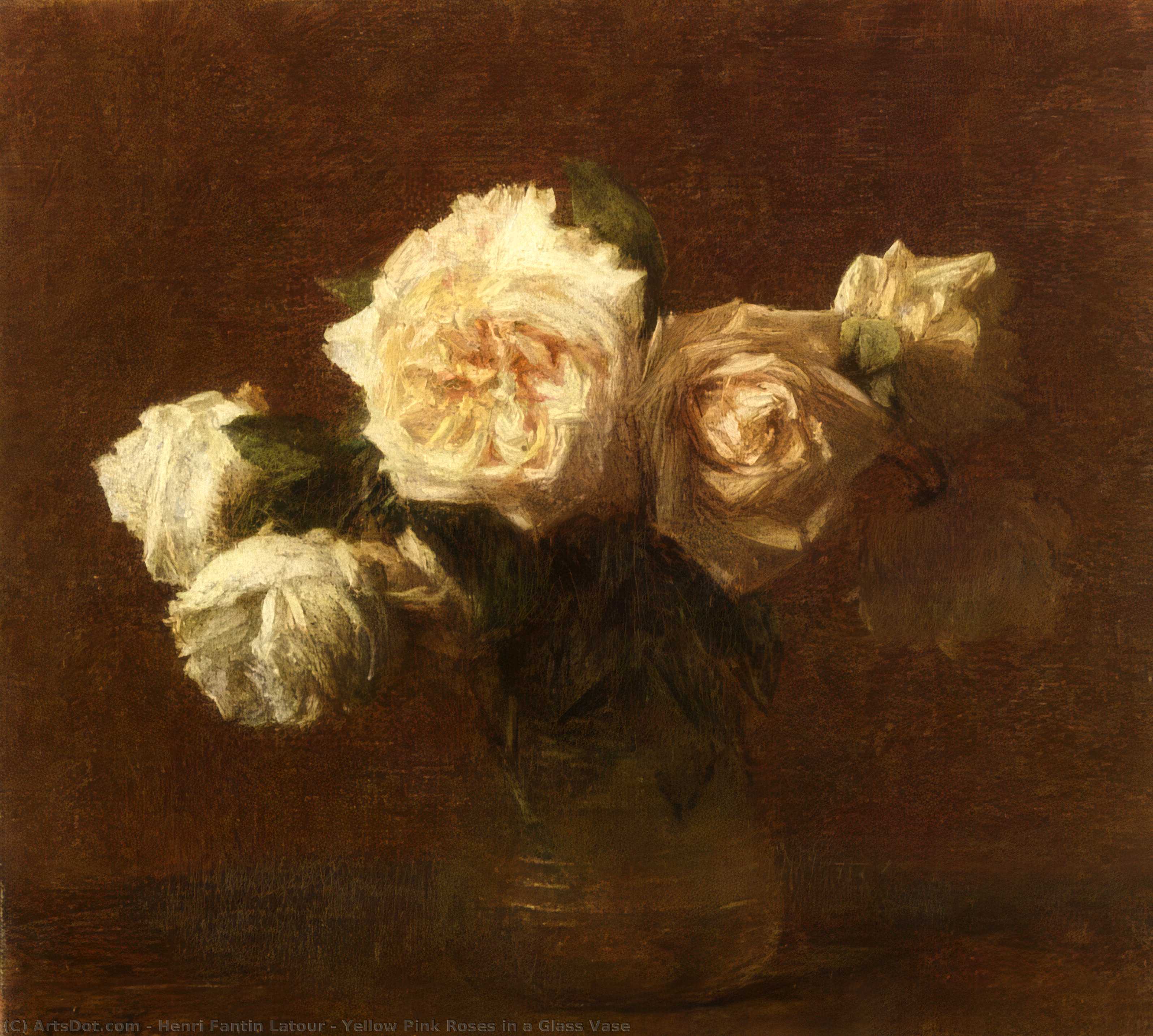 Wikioo.org - The Encyclopedia of Fine Arts - Painting, Artwork by Henri Fantin Latour - Yellow Pink Roses in a Glass Vase