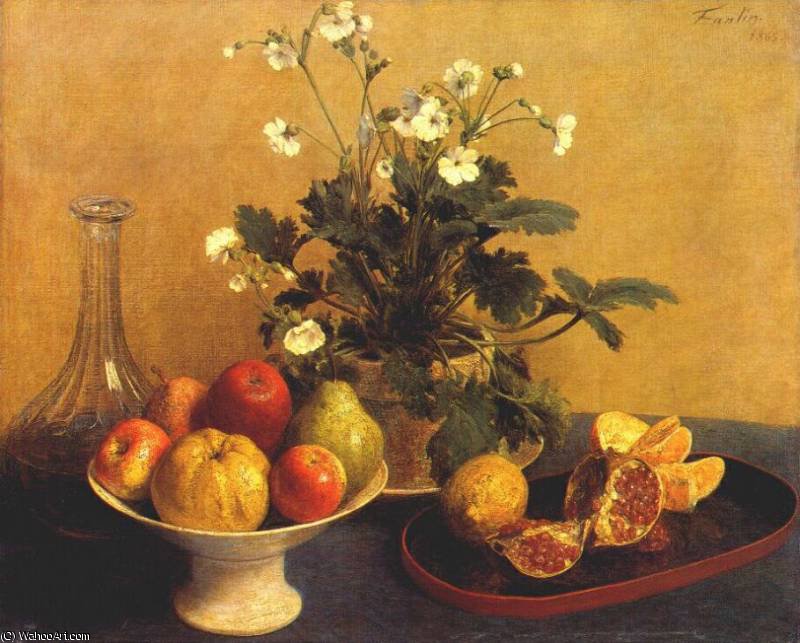 Wikioo.org – La Enciclopedia de las Bellas Artes - Pintura, Obras de arte de Henri Fantin Latour - flores compotier asícomo garrafa