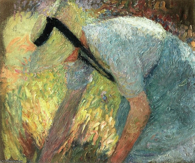 Wikioo.org - The Encyclopedia of Fine Arts - Painting, Artwork by Henri Jean Guillaume Martin - Woman in a Blue Apron and Straw Hat Picking A Spray of Flowers