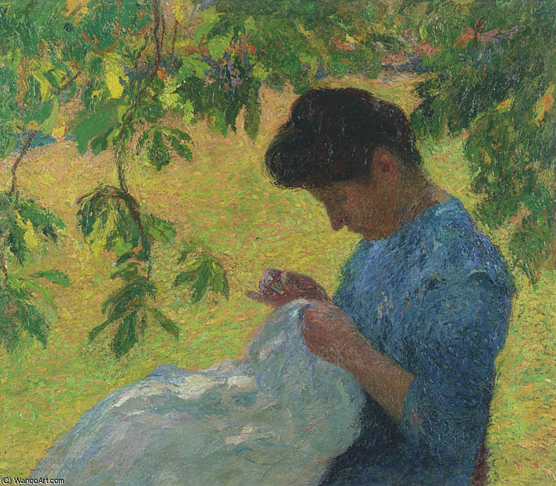 Wikioo.org - The Encyclopedia of Fine Arts - Painting, Artwork by Henri Jean Guillaume Martin - Young Woman Sewing in the Garden