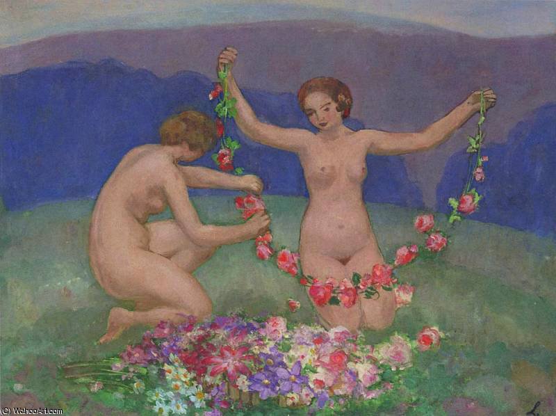 WikiOO.org - אנציקלופדיה לאמנויות יפות - ציור, יצירות אמנות Henri Lebasque - Two Young Girls with Garlands