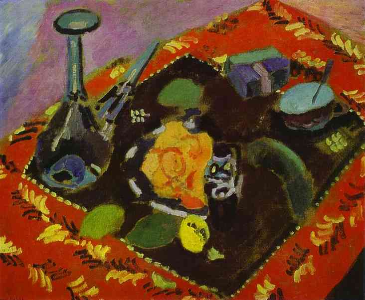 WikiOO.org - 百科事典 - 絵画、アートワーク Henri Matisse - 赤と黒のカーペットの上に食器とフルーツ