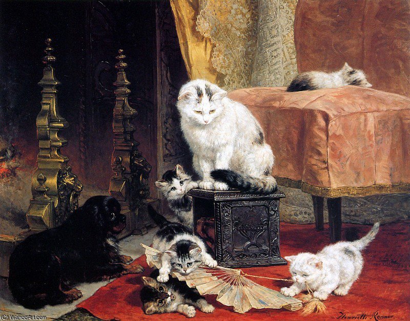 Wikioo.org – L'Encyclopédie des Beaux Arts - Peinture, Oeuvre de Henriette Ronner Knip - chatons jouant avec un soleil de ventilateur