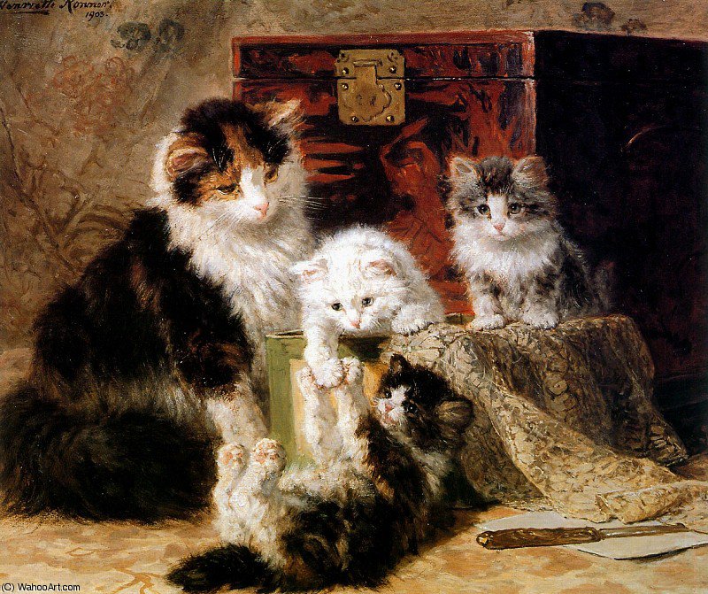 Wikioo.org - The Encyclopedia of Fine Arts - Painting, Artwork by Henriette Ronner Knip - mothercat with playing kittens sun