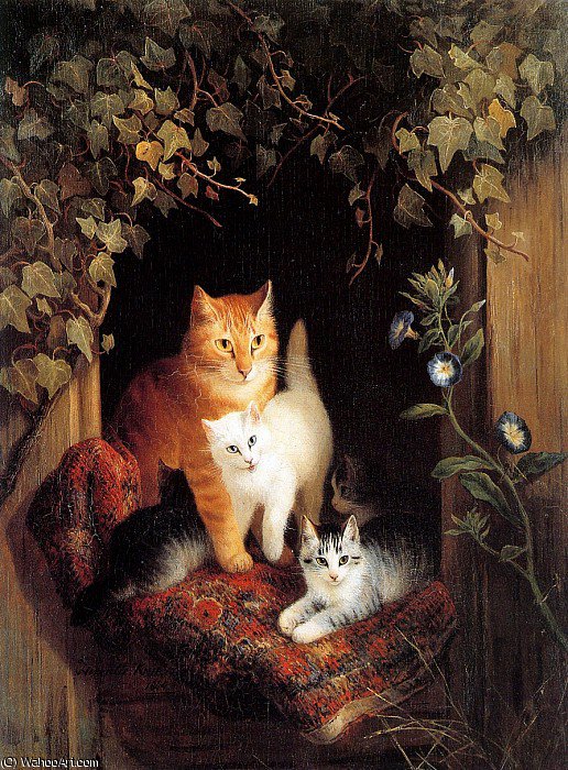 Wikioo.org – L'Encyclopédie des Beaux Arts - Peinture, Oeuvre de Henriette Ronner Knip - Nest avec des chatons Sun