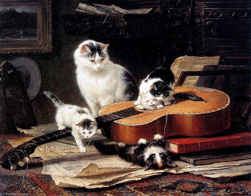 Wikioo.org - The Encyclopedia of Fine Arts - Painting, Artwork by Henriette Ronner Knip - practice on the guitar sun