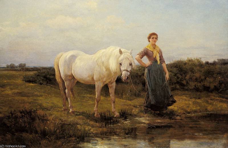 Wikioo.org – La Enciclopedia de las Bellas Artes - Pintura, Obras de arte de Heywood Hardy - medio día tomando un caballo al agua