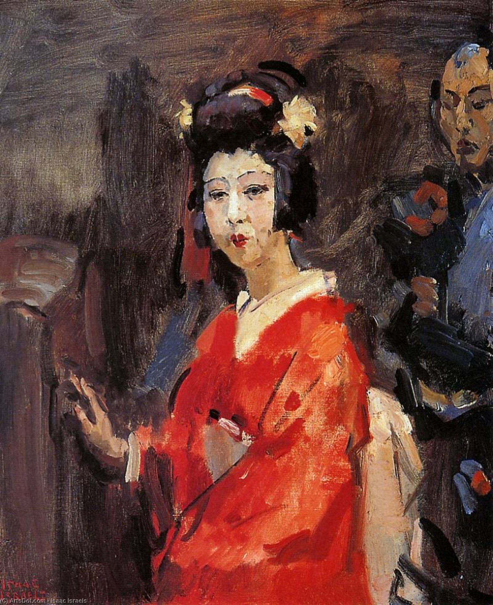 Wikioo.org – La Enciclopedia de las Bellas Artes - Pintura, Obras de arte de Isaac Lazarus Israels - Mujer japonesa en rojo kimono Terraza