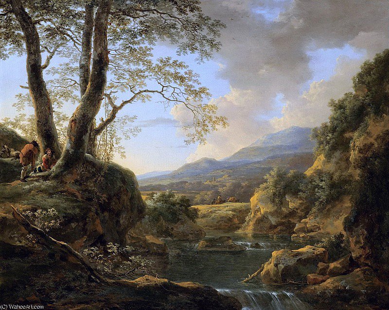 Wikioo.org - The Encyclopedia of Fine Arts - Painting, Artwork by Jan Both - an extensive river landscape with herdsmen resting their goats under a tree