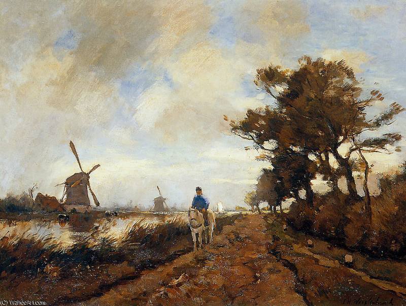 Wikioo.org - The Encyclopedia of Fine Arts - Painting, Artwork by Jan Weissenbruch - Horseman on a tow path Sun