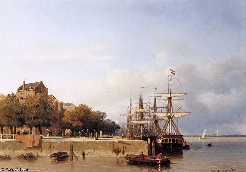 Wikioo.org - The Encyclopedia of Fine Arts - Painting, Artwork by Jan Weissenbruch - Ships on a quay Sun