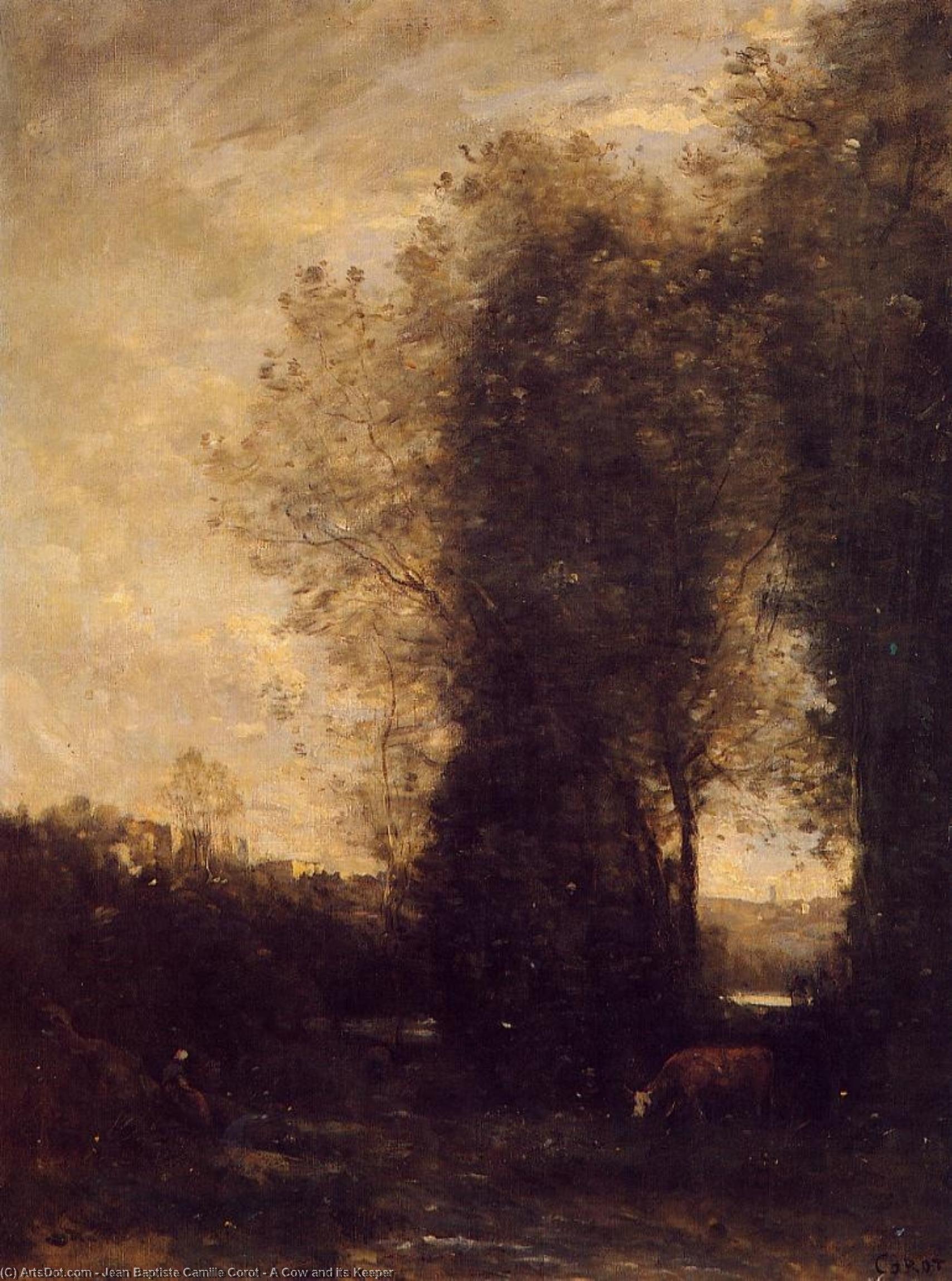 Wikioo.org - The Encyclopedia of Fine Arts - Painting, Artwork by Jean Baptiste Camille Corot - A Cow and its Keeper
