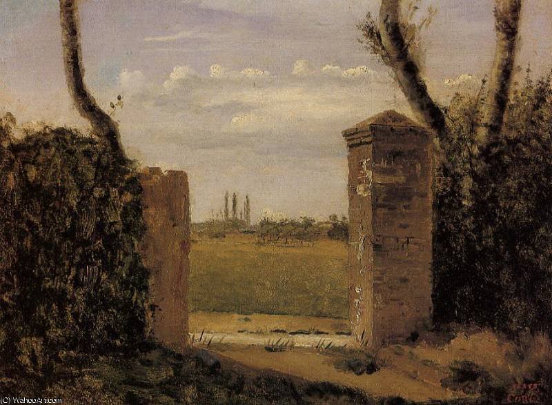 Wikioo.org - The Encyclopedia of Fine Arts - Painting, Artwork by Jean Baptiste Camille Corot - Boid Guillaumi near Rouen A Gate Flanked by Two Posts