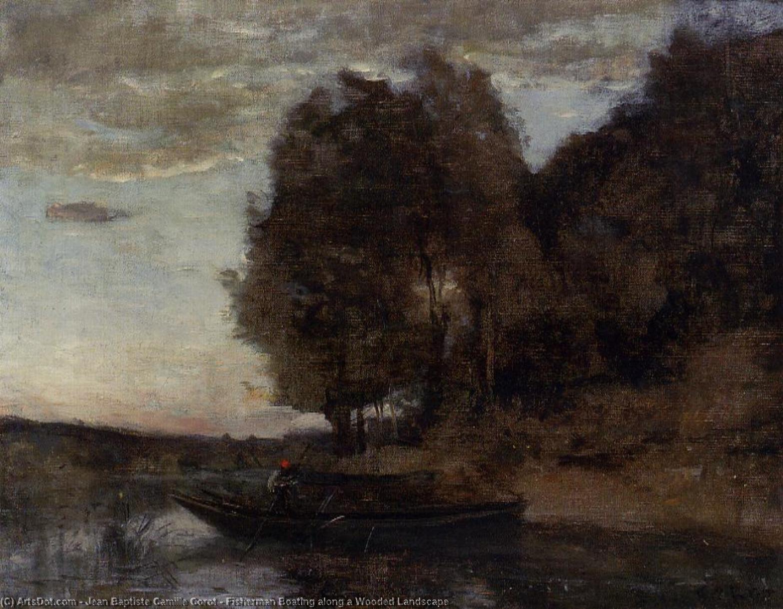 Wikioo.org - The Encyclopedia of Fine Arts - Painting, Artwork by Jean Baptiste Camille Corot - Fisherman Boating along a Wooded Landscape