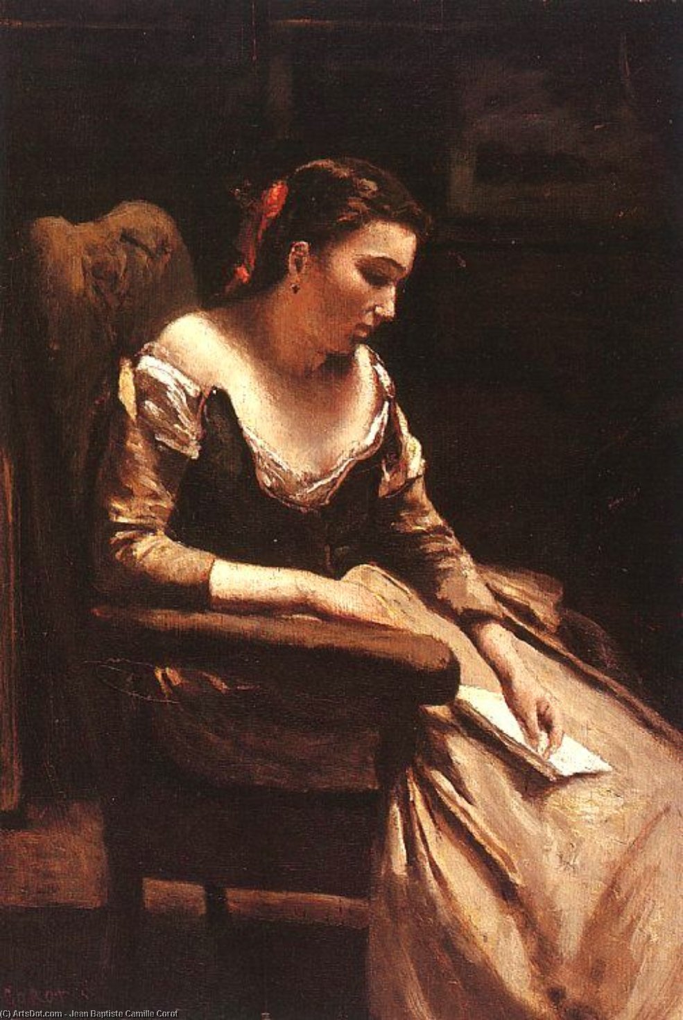 Wikioo.org - สารานุกรมวิจิตรศิลป์ - จิตรกรรม Jean Baptiste Camille Corot - The Letter - oil on wood -