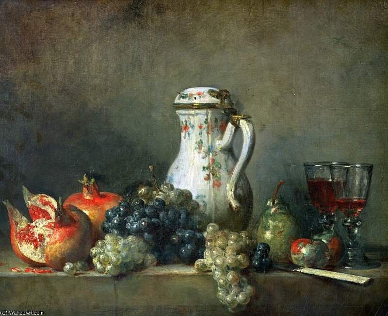 Wikioo.org - The Encyclopedia of Fine Arts - Painting, Artwork by Jean-Baptiste Simeon Chardin - Still Life with Grapes and Pomegranates