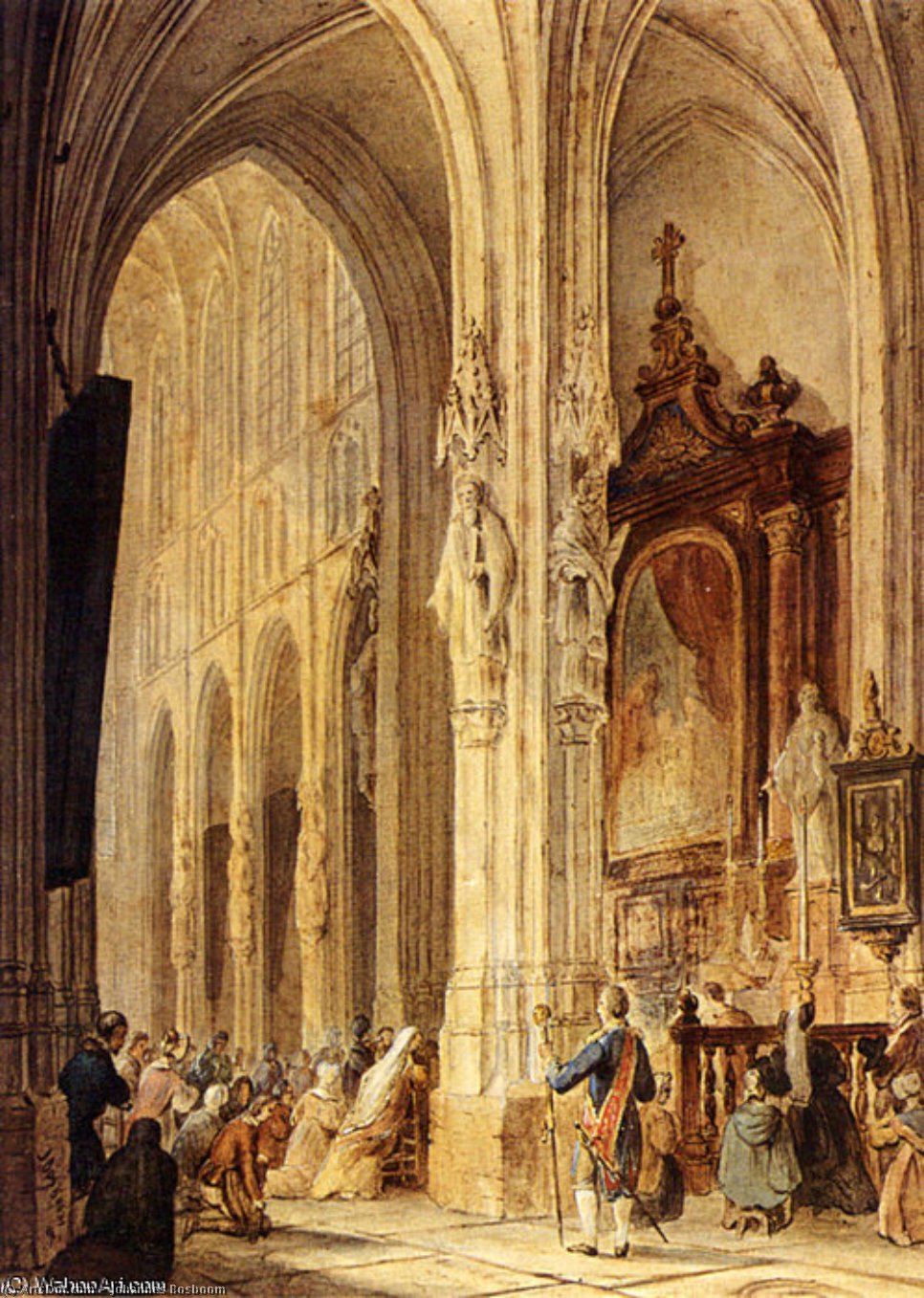Wikioo.org - The Encyclopedia of Fine Arts - Painting, Artwork by Johannes Bosboom - a church interior with people attending mass