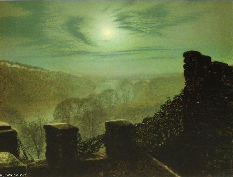 Wikioo.org - The Encyclopedia of Fine Arts - Painting, Artwork by John Atkinson Grimshaw - Full Moon behind Cirrus Cloud from the Roundhay Park Castle Battlements