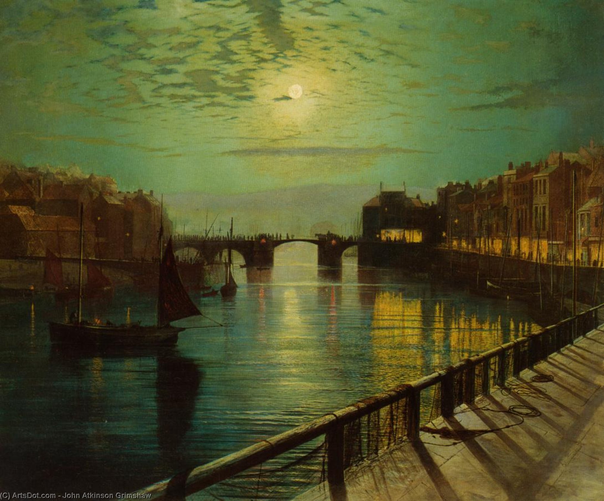 Wikioo.org - The Encyclopedia of Fine Arts - Painting, Artwork by John Atkinson Grimshaw - Whitby Harbor by Moonlight
