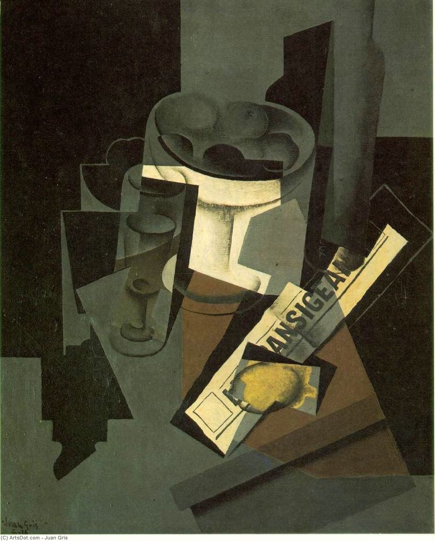 Wikioo.org - The Encyclopedia of Fine Arts - Painting, Artwork by Juan Gris - Fruit dish, glass and lemon (Still life with nerwspaper)