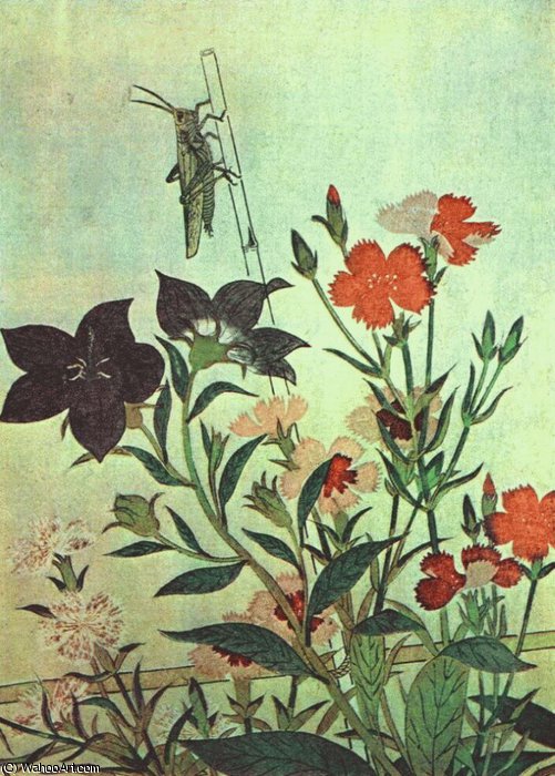 Wikioo.org - The Encyclopedia of Fine Arts - Painting, Artwork by Kitagawa Utamaro - locust red dragonfly pinks chinese bell flowers