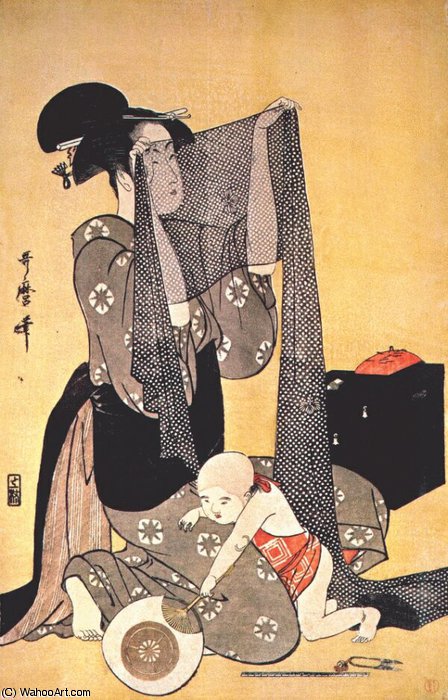 Wikioo.org - Encyklopedia Sztuk Pięknych - Malarstwo, Grafika Kitagawa Utamaro - women making dresses (left panel)