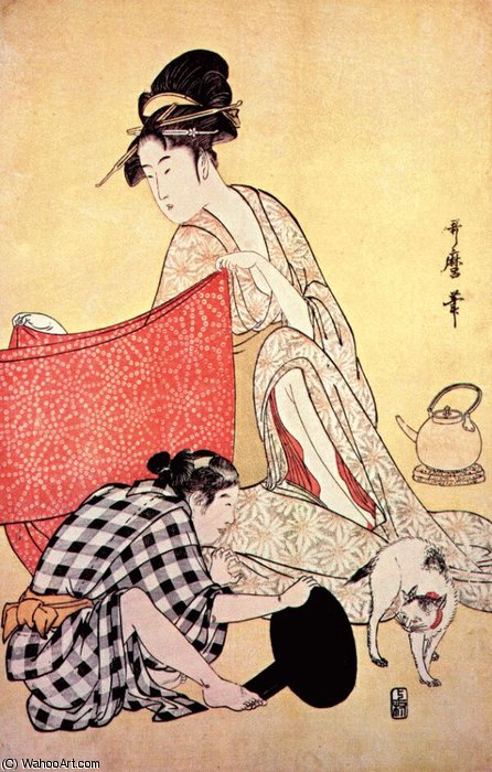 Wikioo.org - The Encyclopedia of Fine Arts - Painting, Artwork by Kitagawa Utamaro - women making dresses (right panel)