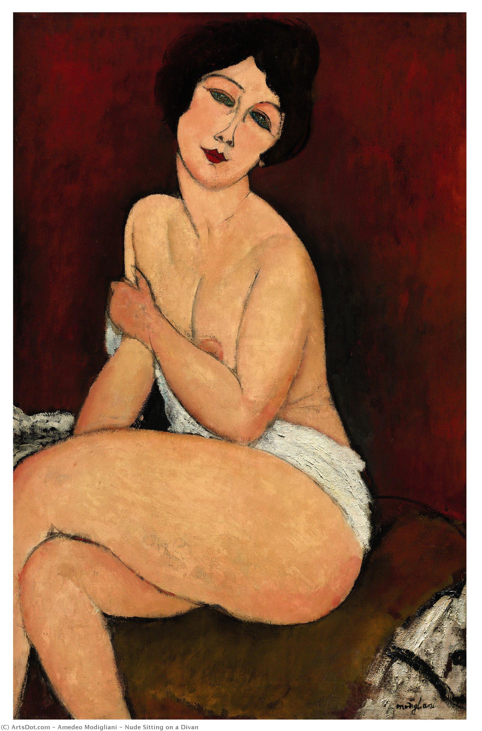 Wikoo.org - موسوعة الفنون الجميلة - اللوحة، العمل الفني Amedeo Modigliani - Nude Sitting on a Divan