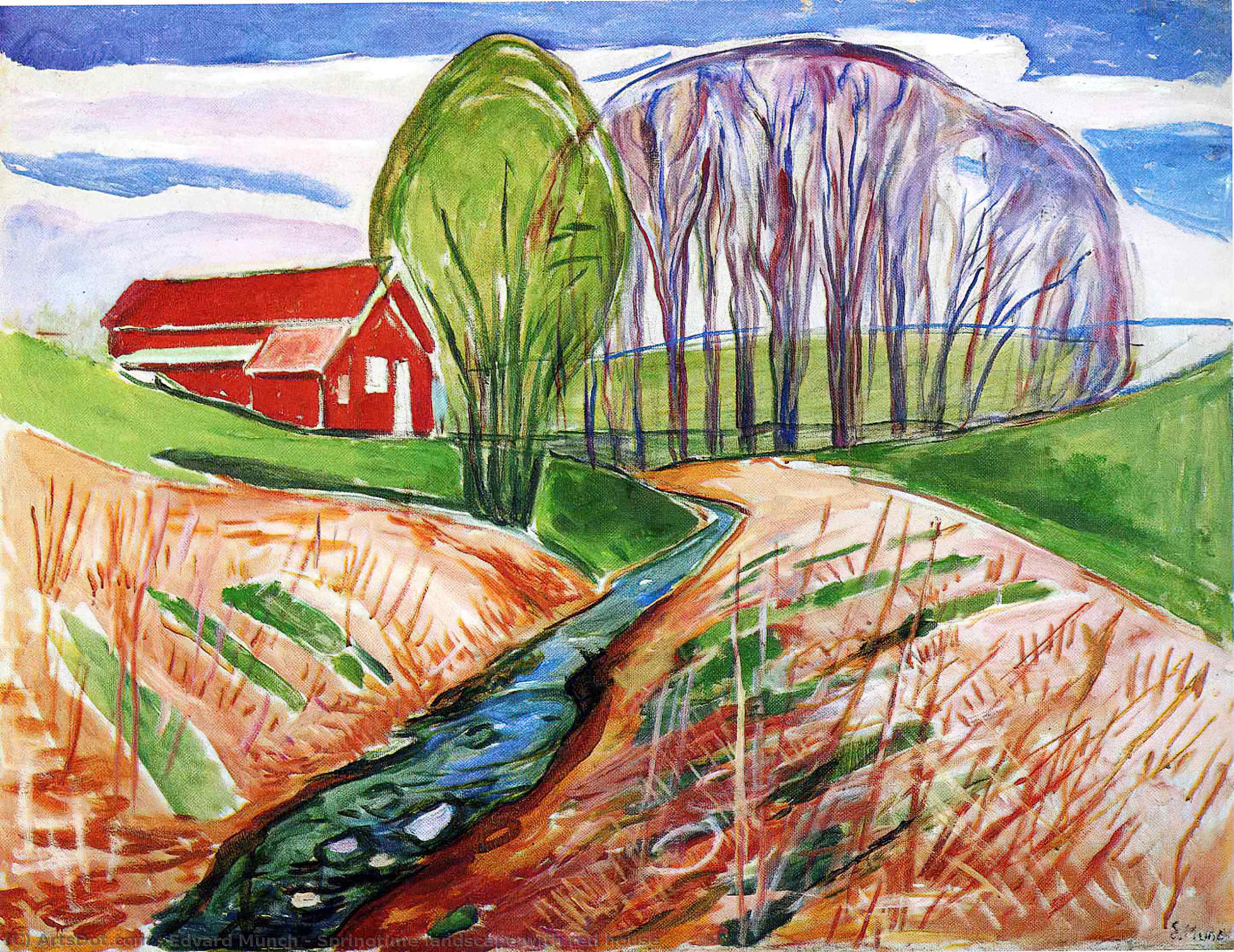 Wikoo.org - موسوعة الفنون الجميلة - اللوحة، العمل الفني Edvard Munch - Springtime landscape with red house
