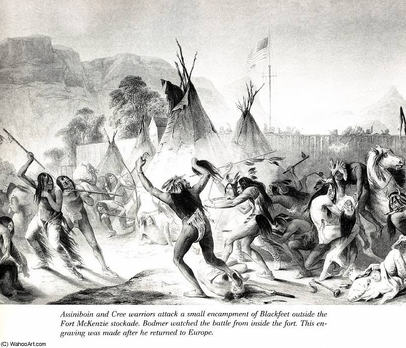 Wikioo.org - The Encyclopedia of Fine Arts - Painting, Artwork by Karl Bodmer - Assiniboin and Cree warriors attack Blackfeet