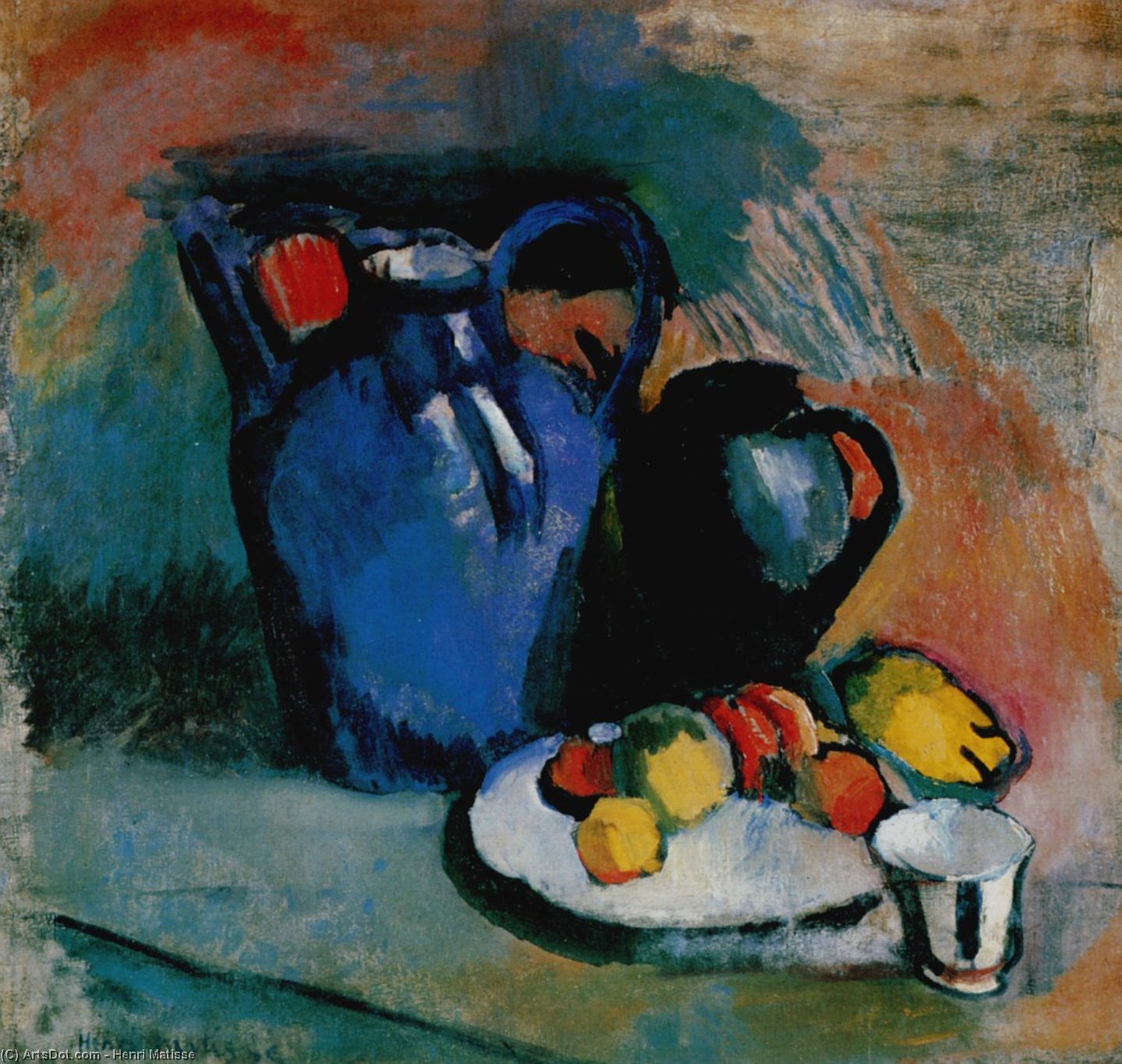 Wikoo.org - موسوعة الفنون الجميلة - اللوحة، العمل الفني Henri Matisse - Nature morte à la cruche bleue Huile sur Toile Collection Wilbur Brayton Jr