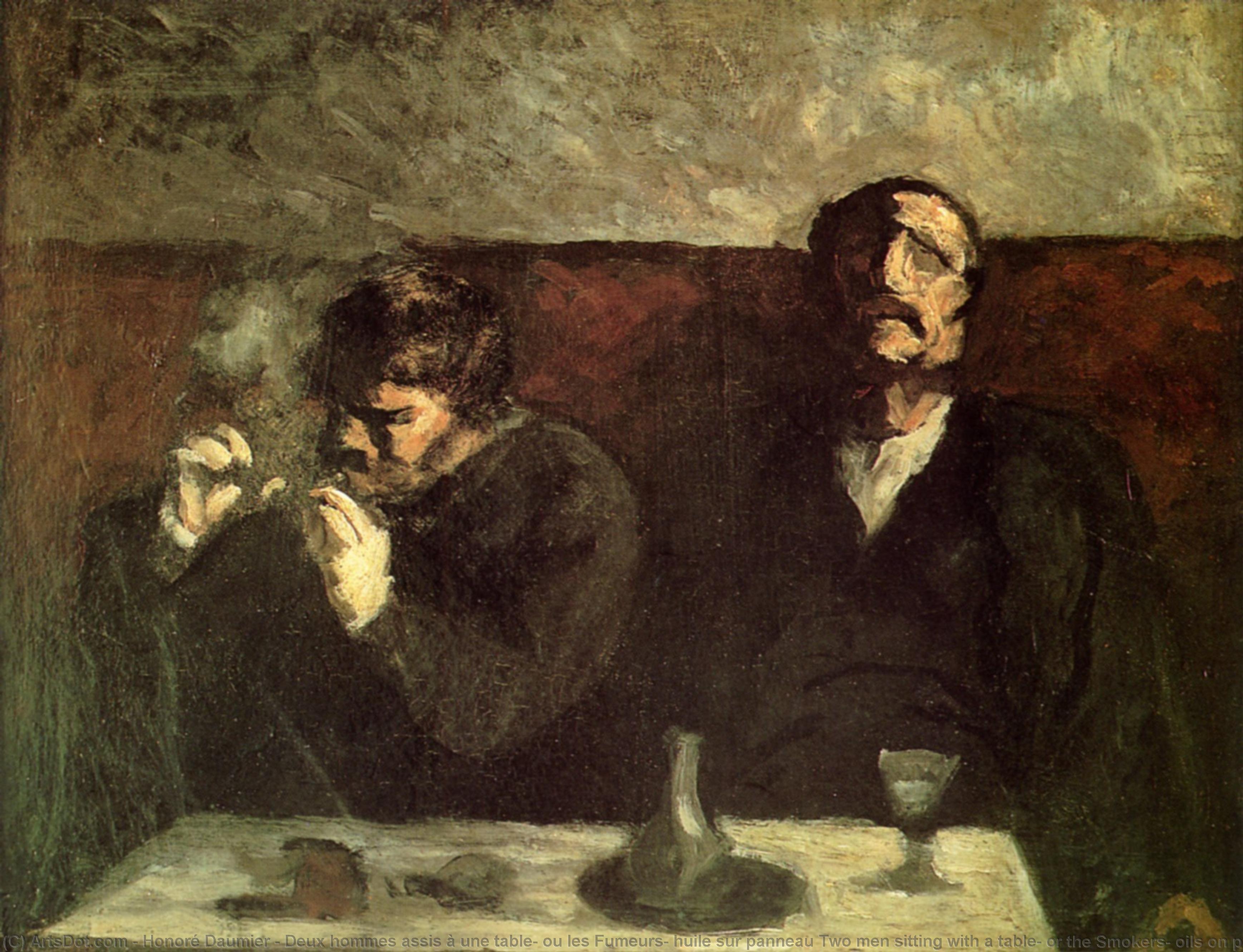 WikiOO.org – 美術百科全書 - 繪畫，作品 Honoré Daumier - 双人舞 社 阿西斯 一个 une  表 , 欧 莱斯 Fumeurs , 油 河畔 panneau  两 男人 与坐 表 , 或者 吸烟者 , 油 面板上