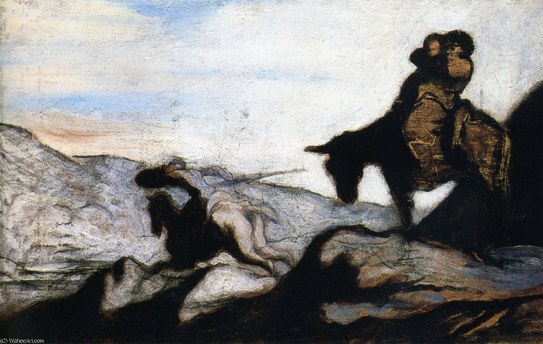 Wikioo.org - สารานุกรมวิจิตรศิลป์ - จิตรกรรม Honoré Daumier - Don Quichotte et Sancho Pança dans les montagnes huile sur panneau Gift Quichotte and Sancho Pança in the mountains oils on panel