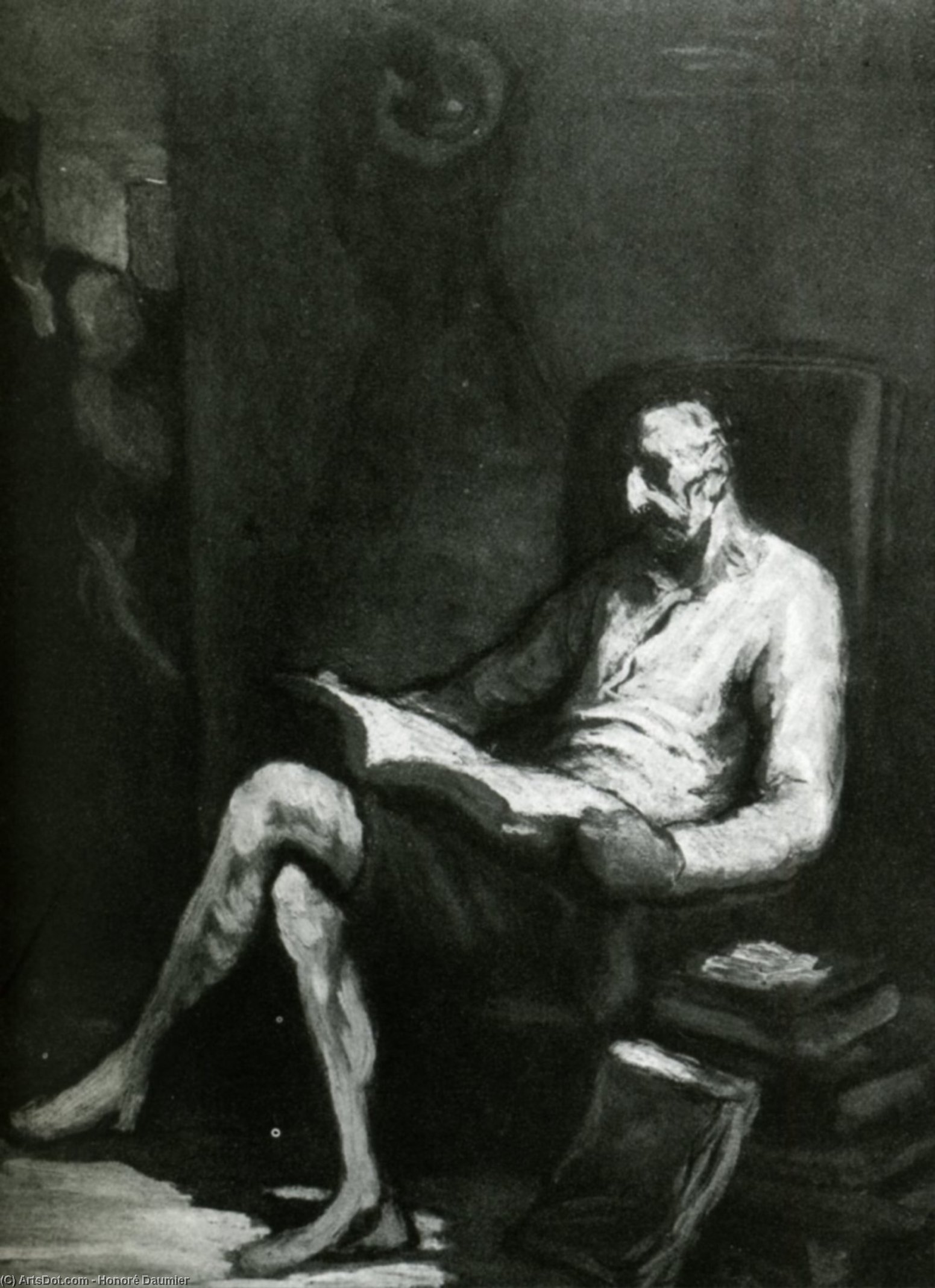 WikiOO.org - Encyclopedia of Fine Arts - Maleri, Artwork Honoré Daumier - Don Quichotte lisant, huile sur panneau Gift Quichotte reading, oil on panel