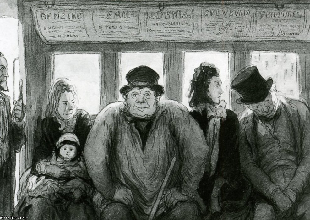 WikiOO.org - Encyclopedia of Fine Arts - Maalaus, taideteos Honoré Daumier - Intérieur d'un omnibus, crayon et aquarelle Interior of a slow train, pencil and watercolour