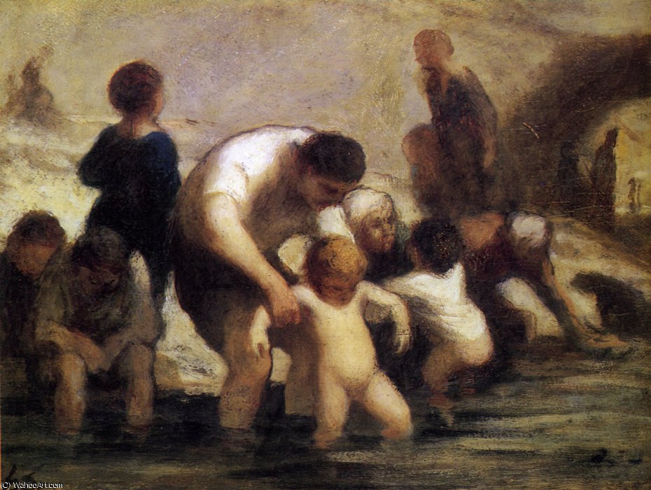 Wikioo.org - The Encyclopedia of Fine Arts - Painting, Artwork by Honoré Daumier - Les Enfants au bain, huile sur panneau The Children with the bath, oils on panel
